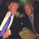 Donald Trump and Joe Biden sitting together with a cloud of smoke between them.