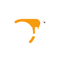 A stylized orange boomerang shape positioned over white text on a black background.