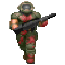 Pixel art soldier in green and red armor holding a black rifle.