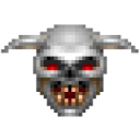 A pixelated skull with glowing red eyes and bared teeth.