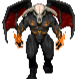 A pixelated demon with a skull head, dark wings, and glowing orange hands standing in a menacing pose.