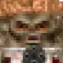 Pixelated monster face with glowing red eyes staring directly forward.