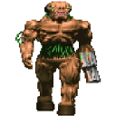 A muscular pixelated demon with green glowing details standing in a menacing pose.