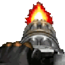 Chaingun weapon firing with a bright orange and red muzzle flash held by gloved hands.