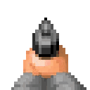 A pixelated hand holding a pistol that fires with a muzzle flash animation.