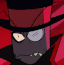 A dark-skinned character wearing a top hat and monocle transitions from a neutral expression to a wide, sharp-toothed sinist…