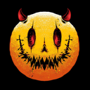 A yellow smiley face with devil horns, hollow red eyes, and a jagged, stitched-up mouth.