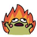 A small green frog with a blank expression standing in front of large orange flames.