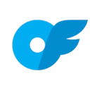 A flat blue logo featuring a circle with a stylized wing extension.