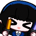 Anime girl with black hair and a blue headband cheering enthusiastically while waving an orange and a purple glow stick.