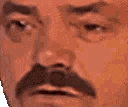 A man with a mustache transitions from a serious look to a wide, laughing expression in a four-frame sequence.