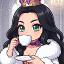 A queen with long black hair and a gold crown sips tea from a white cup with a smug expression.