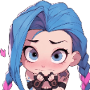 Anime girl with blue hair and pink braids looking up with a shy, blushing expression and hands held near her chest.