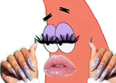 A cartoon starfish character with long eyelashes, glossy human lips, and manicured hands framing its face.