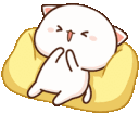 White cartoon cat with closed eyes and a wide smile lounging in a yellow beanbag chair.
