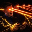 A man with glowing orange laser eyes and electrical sparks crackling around his hands, looking intensely at a device.