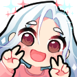 Anime girl with long white hair smiling brightly and holding up two peace signs with both hands.