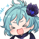 An anime character with teal hair and a dark flower accessory laughing with their eyes closed.
