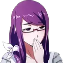 Anime girl with purple hair and glasses covering her mouth with her hand while smirking.