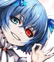Anime girl with blue hair and one red eye making an okay hand gesture with a sinister grin.