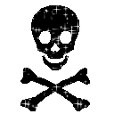 Three black skulls with crossbones underneath, filled with twinkling white stars.