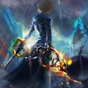 A warrior stands with their back turned, holding two glowing weapons in a dark, magical environment.