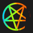 Pentagram symbol displayed in a repeating pattern with shifting neon rainbow colors on a black background.