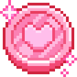 A round pink coin with a heart in the center, surrounded by small sparkling stars.