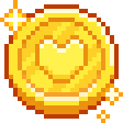 A sparkling gold coin with a heart embossed on the center in a pixel art style.