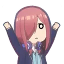 Anime girl with pink hair and headphones cheering with a blank, unimpressed facial expression.