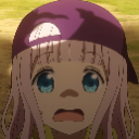 Chika Fujiwara wearing a purple cap with a wide-eyed, panicked expression.