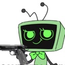 A green anthropomorphic television with a smug face holding a handgun.