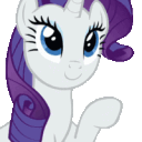 A white unicorn with a purple mane waves its hoof with a happy expression.