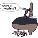 A giant brown character looks through binoculars with a speech bubble saying where is mains while a group of tiny people sta…