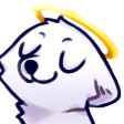 A white dog with a golden halo looking smug and innocent.