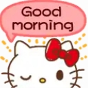 Hello Kitty winking with a pink speech bubble that says Good morning.