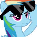 A blue pony with a rainbow mane puts on black sunglasses with a smug expression.