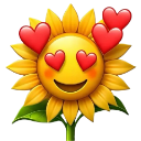 Sunflower with a smiling face and heart-shaped eyes surrounded by floating red hearts.