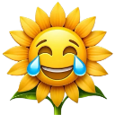 Sunflower with a laughing face and blue tears streaming from its eyes.