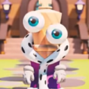 Kinger from The Amazing Digital Circus with giant bulging blue eyes and a royal robe looking intensely confused.