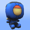 A small blue armored soldier figure with a yellow visor sitting on a light blue background.