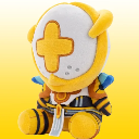 A yellow and white plush warrior character with a cross on its helmet sits against a yellow background.