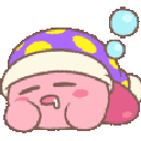 Kirby sleeping peacefully while wearing a purple and yellow polka-dot nightcap.