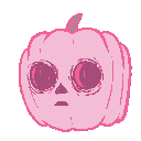 A pink pumpkin character with large eyes that transitions from a neutral expression to crying and vomiting gray liquid.
