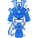 A blue pixel art samurai character standing with a serious expression.