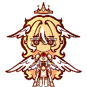 A small pixelated angel with a crown and wings looking down with a skeptical and unimpressed expression.