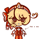 A pixel art character with blonde hair and a crown wearing a red outfit, showing a wide-eyed, sharp-toothed mischievous grin.