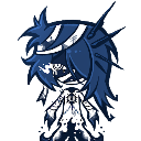 Shadow figure with long blue hair and white highlights standing in a dark, pixelated style.