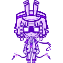 A stylized pixel art character with a visor and dangling hair accessories, colored in shades of purple.