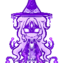 A pixel art witch with long hair and a pointed hat glowing in shades of purple.